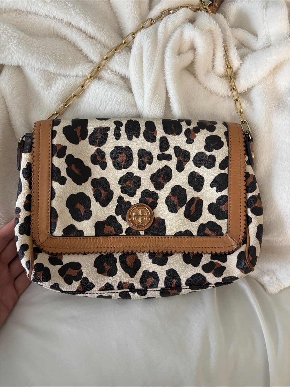 Tory Burch Leopard-Print Crossbody with Tan Trim and Gold Chain